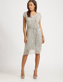 Uniquely chic, this silk sheath features a snakeskin-print overlay and a waist-defining self-tie belt for an enviable silhouette.Round neckShort sleevesSelf-tie beltCord endsAbout 36 from shoulder to hemSilk; overlay: 96% modal/4% elastane Dry cleanImported Model shown is 5'10 (177cm) wearing US size 4. Uniquely chic, this silk sheath features a snakeskin-print overlay and a waist-defining self-tie belt for an enviable silhouette.Round neckShort sleevesSelf-tie beltCord endsAbout 36 from shoulder to hemSilk; overlay: 96% modal/4% elastane Dry cleanImported Model shown is 5'10 (177cm) wearing US size 4.