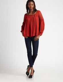 Delicate insets of crochet lace add a hand-crafted look to a beautiful blouse of silk.Pleated and gathered front Long gathered sleeves with button cuffs Contrast back button placket About 22 from shoulder to hem Fully lined Dry clean Imported Delicate insets of crochet lace add a hand-crafted look to a beautiful blouse of silk.Pleated and gathered front Long gathered sleeves with button cuffs Contrast back button placket About 22 from shoulder to hem Fully lined Dry clean Imported