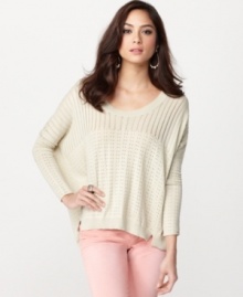 BCBGeneration's lightweight sweater looks adorable with colored jeans. BCBGeneration's lightweight sweater looks adorable with colored jeans.