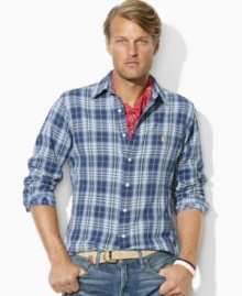 Cut for a relaxed, classic fit, a long-sleeved shirt is crafted in soft cotton twill with a handsome plaid pattern. Cut for a relaxed, classic fit, a long-sleeved shirt is crafted in soft cotton twill with a handsome plaid pattern.