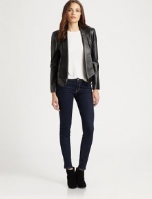 Sleek leather cut in a closely-cropped topper with an easy-fit know back.Foldover lapelShoulder stitchingWelt pocketsAbout 22 from shoulder to hemShell: leatherBack: 67% rayon/28% nylon/5% spandexDry clean by a leather specialistImportedModel shown is 5'10 (177cm) wearing US size Small. Sleek leather cut in a closely-cropped topper with an easy-fit know back.Foldover lapelShoulder stitchingWelt pocketsAbout 22 from shoulder to hemShell: leatherBack: 67% rayon/28% nylon/5% spandexDry clean by a leather specialistImportedModel shown is 5'10 (177cm) wearing US size Small.