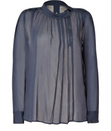 Both feminine and flattering, 2nd Days pleated sheer top is a romantic take on contemporary workwear - Twisted round collar with snap and button closures, long sleeves, buttoned cuffs, pleated front, longer back - Easy feminine fit - Team with delicate camisoles and trend favorite leather leggings, or tuck into pencil skirts with statement heels Both feminine and flattering, 2nd Days pleated sheer top is a romantic take on contemporary workwear - Twisted round collar with snap and button closures, long sleeves, buttoned cuffs, pleated front, longer back - Easy feminine fit - Team with delicate camisoles and trend favorite leather leggings, or tuck into pencil skirts with statement heels