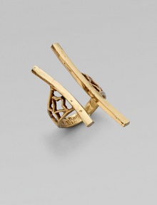 A truly unique design with an beautifully detailed shank and two organic-shaped sticks that is sure to stand out. BrassWidth, about 1Adjustable ring sizeMade in USA A truly unique design with an beautifully detailed shank and two organic-shaped sticks that is sure to stand out. BrassWidth, about 1Adjustable ring sizeMade in USA