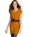 Go cute this season in Planet Gold's cap sleeve sweater dress! A ruched front panel and oversized belt incorporate loads of season-ready style.