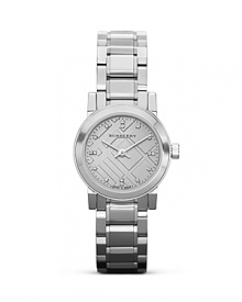 This diamond-decked watch from Burberry makes an unforgettable impression. Crafted of stainless steel with a slim profile, it models sleek, luxury style.