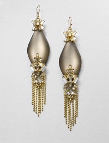 From the Lucite Teatro Moderne Collection. Marquis-shaped drops of hand-painted, hand-sculpted Lucite are capped top and bottom by clusters of faceted Swarovski crystals, and accented with dangling ball-chain fringe.CrystalLuciteGoldtoneLength, about 4.6Ear wireMade in USA