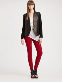 Gleaming leather panels front this collarless, button-front staple with front besom pockets and buttoned cuffs. CollarlessButton frontLong sleeves with buttoned cuffsFront besom pocketsAbout 21 from shoulder to hem77% triacetate/23% polyester with leather trimDry clean with leather specialistMade in USA of imported fabricModel shown is 5'10 (177cm) wearing US size 2. Gleaming leather panels front this collarless, button-front staple with front besom pockets and buttoned cuffs. CollarlessButton frontLong sleeves with buttoned cuffsFront besom pocketsAbout 21 from shoulder to hem77% triacetate/23% polyester with leather trimDry clean with leather specialistMade in USA of imported fabricModel shown is 5'10 (177cm) wearing US size 2.