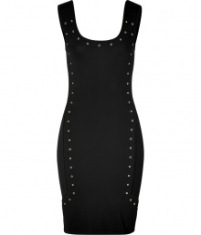 Luxurious dress in fine black viscose mix - Dressy and stylish with glamorous studs - Sexy, tight, and mini-short length - Deep round neck neckline at front and back - Sleeveless with wide straps - Wow dress for cocktail parties and fancy events - Try with platform pumps or ankel boots