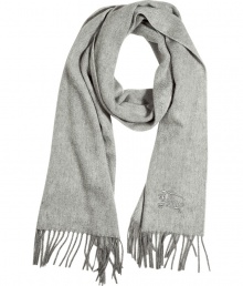Elegant shawl made ..of pale gray cashmere from the iconic British label Burberry London - Long and wide with decorative fringed edge and embroidered Burberry horse logo - Wear this classic accessory with a duffle coat, parka or blazer for added warmth and style Elegant shawl made ..of pale gray cashmere from the iconic British label Burberry London - Long and wide with decorative fringed edge and embroidered Burberry horse logo - Wear this classic accessory with a duffle coat, parka or blazer for added warmth and style