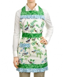 Only the best for your nest! Set a style standard for your space with this feminine apron. A whimsical bird print with a contrasting cross-hatch design and ruffled edge adds a vintage touch to your kitchen. Only the best for your nest! Set a style standard for your space with this feminine apron. A whimsical bird print with a contrasting cross-hatch design and ruffled edge adds a vintage touch to your kitchen.