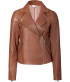 The classic leather biker jacket goes ultra-luxe with this edgy-cool iteration from Marc by Marc Jacobs - Asymmetric zip closure, long sleeves with zip cuffs, stitch details at shoulders, zip pockets, back stitching details - Fitted - Wear with slim jeans, cropped trousers, or a fitted cocktail sheath and high heel booties