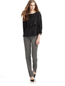 THE LOOKCrewneckConcealed front snap closureLong cropped sleevesCrinkle textured designRosette and beaded waist with bow detailFlounced hemTHE FITAbout 23 from shoulder to longest point of hemTHE MATERIAL45% cotton/41% rayon/14% silkCARE & ORIGINDry cleanMade in Italy THE LOOKCrewneckConcealed front snap closureLong cropped sleevesCrinkle textured designRosette and beaded waist with bow detailFlounced hemTHE FITAbout 23 from shoulder to longest point of hemTHE MATERIAL45% cotton/41% rayon/14% silkCARE & ORIGINDry cleanMade in Italy