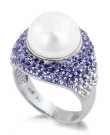 A contemporary classic. This sterling silver ring features a cultured freshwater pearl (10-11 mm) surrounded by tanzanite colored crystal (1/4 ct. t.w.), amethyst colored crystal (3/4 ct. t.w.) and crystal (1/3 ct. t.w.) for a stunning effect. Size 7. A contemporary classic. This sterling silver ring features a cultured freshwater pearl (10-11 mm) surrounded by tanzanite colored crystal (1/4 ct. t.w.), amethyst colored crystal (3/4 ct. t.w.) and crystal (1/3 ct. t.w.) for a stunning effect. Size 7.
