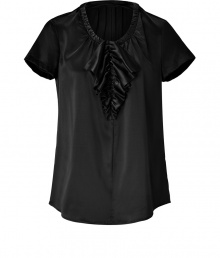 A stylish go-to for work or play, this ruffle-detailed silk top from Steffen Schraut injects easy elegance to any look - Gathered round neck, short sleeves, ruffle front bodice, slightly curved hem, relaxed silhouette - Style with slim trousers, a pencil skirt, or skinny jeans