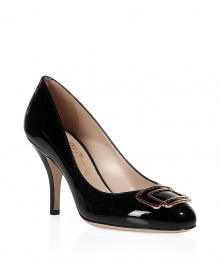 Ultra-luxe black patent leather pumps with gold brooch - Add instant chic to any outfit with these sophisticated shoes - Rounded heel, filigree stiletto, and decorative brooch on toe - Style with wide leg trousers and a blazer for everyday elegance or a sheath dress and stockings Ultra-luxe black patent leather pumps with gold brooch - Add instant chic to any outfit with these sophisticated shoes - Rounded heel, filigree stiletto, and decorative brooch on toe - Style with wide leg trousers and a blazer for everyday elegance or a sheath dress and stockings