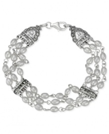 Truly elegant. Genevieve & Grace's three-row bracelet brings freshwater pearls (4-4-1/2 mm), sterling silver and marcasite together for a stunning look. Approximate length: 7-1/2 inches. Truly elegant. Genevieve & Grace's three-row bracelet brings freshwater pearls (4-4-1/2 mm), sterling silver and marcasite together for a stunning look. Approximate length: 7-1/2 inches.