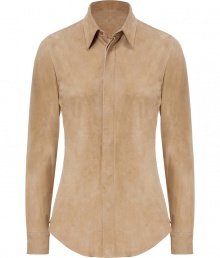 Luxurious top made ​.​.of fine, pale brown sheep suede - Tremendously smooth and exclusive quality leather - Narrow-waisted blouse silhouette with a classic collar and long sleeves - Hidden button placket - Favorite shirt for many occasions from business to evening events - Pair with wide-cut pants, pencil skirts, or casual wear and jeans