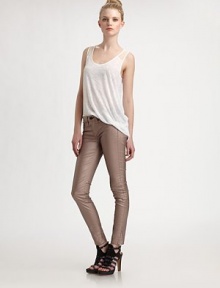 The easy fit of leggings in a coated metallic denim for a pop of rock n' roll glam.THE FITFittedRise, about 8Inseam, about 29THE DETAILSZip flyFive-pocket style61% cotton/35% polyester/4% LycraMachine washMade in USA of imported fabricModel shown is 5'10 (177cm) wearing US size 4. The easy fit of leggings in a coated metallic denim for a pop of rock n' roll glam.THE FITFittedRise, about 8Inseam, about 29THE DETAILSZip flyFive-pocket style61% cotton/35% polyester/4% LycraMachine washMade in USA of imported fabricModel shown is 5'10 (177cm) wearing US size 4.
