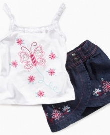 Embroidered flowers and a beautiful butterfly accent this hip tank and skort set from KHQ. Embroidered flowers and a beautiful butterfly accent this hip tank and skort set from KHQ.