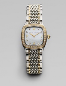 Distinctively textured links with smooth edges are thoroughly modern and thoroughly elegant in a bracelet watch of stainless steel, sterling silver and 18K gold with a shimmering diamond bezel. Swiss quartz movement Rounded square case, 25mm White mother-of-pearl dial Diamond hour markers with golden Arabic numerals Scratch-resistant sapphire crystal Cable link bracelet, 16mm Diamonds, 0.54 tcw Water-resistant to three ATM Imported