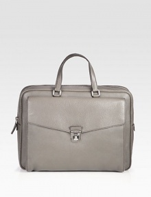 Elegant pebbled leather briefcase with front pocket and push lock closure detail.Zip closureDouble top handlesExterior, interior pocketsLeather16W x 12H x 2DMade in Italy Elegant pebbled leather briefcase with front pocket and push lock closure detail.Zip closureDouble top handlesExterior, interior pocketsLeather16W x 12H x 2DMade in Italy