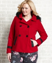 Stay cute in the cold with Dollhouse's plus size double-breasted jacket, featuring a faux fur hood.