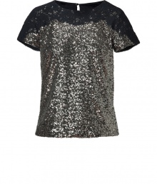 Sparkle into evening elegance in Antik Batiks sequin embellished top, perfect for your most festive events - Rounded neckline, short sleeves, buttoned key-hole cut-out at the nape - Pair with leather leggings and pumps