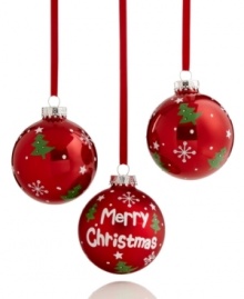 Merry. Festive. Bright. Trimmed with trees and snowflakes, this trio of red ornaments fills your home with holiday joy. Merry. Festive. Bright. Trimmed with trees and snowflakes, this trio of red ornaments fills your home with holiday joy.