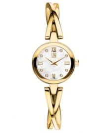 Brighten your day with a little bit of beauty. This gorgeous watch by ESQ by Movado features a stainless steel 18k gold-plated bracelet and round case. White mother-of-pearl dial with diamond accents at indices, logo and goldtone roman numerals at three o'clock, six o'clock, nine o'clock and twelve o'clock. Swiss movement. Water resistant to 30 meters. Two-year limited warranty. Style #07101324