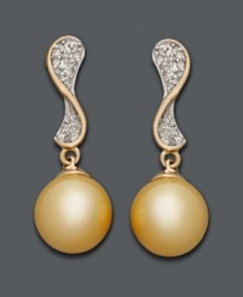Elegance redefined by polish and shine. These unique wave-shaped drops feature cultured Golden South Sea pearls (10-11 mm) and sparkling, round-cut diamonds (1/4 ct. t.w.). Setting crafted in 14k gold. Approximate drop: 1-1/4 inches. Elegance redefined by polish and shine. These unique wave-shaped drops feature cultured Golden South Sea pearls (10-11 mm) and sparkling, round-cut diamonds (1/4 ct. t.w.). Setting crafted in 14k gold. Approximate drop: 1-1/4 inches.