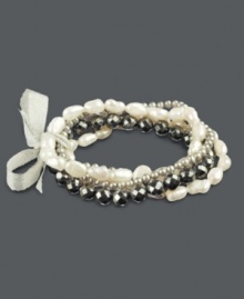 The simple luxuries create a stylish look. This chic five bracelet set stuns with sparkling hematite beads (121-1/2 ct. t.w.), white and grey cultured freshwater pearls (3-3/12 mm and 5-1/2-6 mm) and a sweet ribbon decor. Bracelets stretch to fit wrist. Approximate length: 7-1/2 inches. The simple luxuries create a stylish look. This chic five bracelet set stuns with sparkling hematite beads (121-1/2 ct. t.w.), white and grey cultured freshwater pearls (3-3/12 mm and 5-1/2-6 mm) and a sweet ribbon decor. Bracelets stretch to fit wrist. Approximate length: 7-1/2 inches.