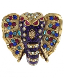 An elephant never forgets to add color to an outfit. This elephant ring from Betsey Johnson is embellished with multi-colored crystal accents. Crafted in antiqued gold tone mixed metal. Ring stretches to fit finger. Size 7-1/2.