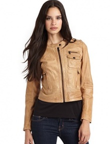 THE LOOKBanded neckline with snap tabShoulder epaulettesFront zipperThree front zip pocketsSnap flap pocketLong sleeves with zip cuffsTHE FITAbout 19 from shoulder to hemTHE MATERIALLambskinFully linedCARE & ORIGINDry clean by a leather specialistImportedModel shown is 5'10 (177cm) wearing US size Small. THE LOOKBanded neckline with snap tabShoulder epaulettesFront zipperThree front zip pocketsSnap flap pocketLong sleeves with zip cuffsTHE FITAbout 19 from shoulder to hemTHE MATERIALLambskinFully linedCARE & ORIGINDry clean by a leather specialistImportedModel shown is 5'10 (177cm) wearing US size Small.