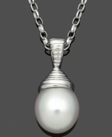 A little polish. A single cultured freshwater pearl drop (9-10 mm) creates a look of pure elegance when strung from a dainty sterling silver chain. Approximate length: 18 inches. Approximate drop: 8/10 inch. A little polish. A single cultured freshwater pearl drop (9-10 mm) creates a look of pure elegance when strung from a dainty sterling silver chain. Approximate length: 18 inches. Approximate drop: 8/10 inch.