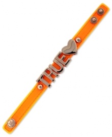 Stay true to your style. A fun neon orange PVC bracelet from BCBGeneration with rose-gold tone mixed metal letters, heart and snaps. Approximate length: 8 inches.