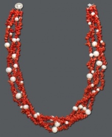 Add an extra boost to your ensemble with vivid color. This bright necklace features four chic rows of coral chips and cultured freshwater pearls (4-8 mm) set in sterling silver. Approximate length: 18 inches. Add an extra boost to your ensemble with vivid color. This bright necklace features four chic rows of coral chips and cultured freshwater pearls (4-8 mm) set in sterling silver. Approximate length: 18 inches.