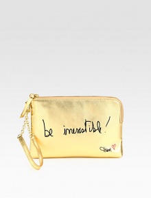 Remind yourself to live fearlessly with this metallic leather design.Detachable wristlet strap, 7½ dropZip top closureThree credit card slotsOne inside zip pocketTwo inside open pocketsFully lined8½W X 5½H X 1DImported Remind yourself to live fearlessly with this metallic leather design.Detachable wristlet strap, 7½ dropZip top closureThree credit card slotsOne inside zip pocketTwo inside open pocketsFully lined8½W X 5½H X 1DImported