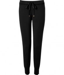 Comfortable and stylish lounge pants in fine black modal - Hint of stretch creates flattering look - Long, tapered legs, cuffs, drawstring waist and decorative lace trim - Wear with favorite tees, camisoles, or sweatshirts at home or on errands Comfortable and stylish lounge pants in fine black modal - Hint of stretch creates flattering look - Long, tapered legs, cuffs, drawstring waist and decorative lace trim - Wear with favorite tees, camisoles, or sweatshirts at home or on errands