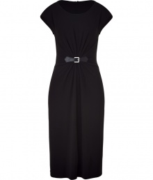 Bring high style to your cocktail look with this edged up LBD from Michael Kors - Round neck, cap sleeves, buckle-detailed waistline with draped detail, fitted silhouette, concealed back zip closure - Style with a leather jacket and pumps for office-to-evening cool