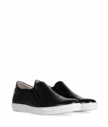 Inject effortless edge into every outfit with McQ Alexander McQueens black perfed leather slip-ons, a sleek choice for dressing up or down - Round toe, black perforated leather uppers, debossed logo on outside of heel, elastic inserts, white rubber sole, slips on - Wear with slim fit trousers, a graphic tee and hoodie, or as a sartorial finish to suits