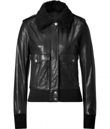 Super stylish black aviator bomber jacket from McQ Alexander McQueen - This feminine take on the classic leather bomber is sexy and on-trend - Modern slim and cropped fit with shearling collar and flap pockets - Wear with a mini-dress, opaque tights, and over-the-knee boots - Style with skinny jeans, a crop-top, and platforms Super stylish black aviator bomber jacket from McQ Alexander McQueen - This feminine take on the classic leather bomber is sexy and on-trend - Modern slim and cropped fit with shearling collar and flap pockets - Wear with a mini-dress, opaque tights, and over-the-knee boots - Style with skinny jeans, a crop-top, and platforms