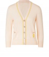 Bring preppy-cool to your casual staples with this classic cardigan from Juicy Couture - V-neck, front button placket with contrasting piping detail, front pockets with buttons and logo, side slits, slim fit - Pair with a pencil skirt or pleated trousers and a tie-neck blouse