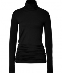 Inject a luxe edge into your casual look with Donna Karans black jersey turtleneck, detailed with a contemporary gathered back for chic, modern results - Turtleneck, long sleeves, contoured gathered back seam, asymmetrical hemline - Form-fitting, gathered silhouette - For a futuristic look, wear with jet black separates and metallic detailed accessories