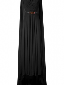 Whether youre hitting the red carpet or a black tie benefit, this ultra-luxe cape back gown from Elie Saab is guaranteed to make a stylish statement - V-neck with gathered faux-wrap detailing, sleeveless, metallic-detailed waist belt, full maxi-length skirt, dramatic sheer cape back - Softly tailored fit - Pair with sky-high platform pumps and a jewel-encrusted clutch