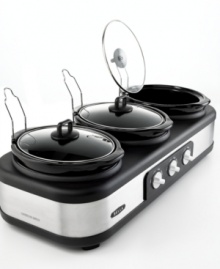 Make more! Three slow cookers with individual temperature controls open the door to endless dinner possibilities. The compact space-saving design houses three durable stoneware pots that cook up every part of the meal at once. 1-year warranty. Model 13576. Make more! Three slow cookers with individual temperature controls open the door to endless dinner possibilities. The compact space-saving design houses three durable stoneware pots that cook up every part of the meal at once. 1-year warranty. Model 13576.