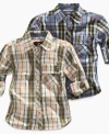 Roll your sleeves up! He'll have no problem getting involved in anything with this rugged shirt from Timberland.