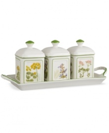 A natural for casual dining, the Althea Nova jam set by Villeroy & Boch features durable porcelain planted with delicate herbs for a look that's fresh from the garden. Featuring three jars in one handled tray. A natural for casual dining, the Althea Nova jam set by Villeroy & Boch features durable porcelain planted with delicate herbs for a look that's fresh from the garden. Featuring three jars in one handled tray.