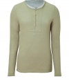 Stylish long sleeve t-shirt in fine, bi-color cashmere and cotton blend - Classically cool in olive and heather grey - Ultra-soft and lightweight - On-trend, double layer style with crew neck and button placket - Long and lean cut - A great basic ideal for layering or wearing solo - Pair with jeans and a blazer, chinos and sneakers or shorts and flip flops