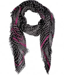 With a cool croco print and bright magenta border, Marc by Marc Jacobs fringed scarf lends a fun urban edge to any outfit - Drawn logo plaque and logo at corner, frayed edges - Wrap around leather jackets or wear indoors over bright knit cashmere With a cool croco print and bright magenta border, Marc by Marc Jacobs fringed scarf lends a fun urban edge to any outfit - Drawn logo plaque and logo at corner, frayed edges - Wrap around leather jackets or wear indoors over bright knit cashmere