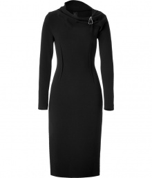 Luxurious dress in fine black virgin wool stretch - Wonderfully soft and flattering quality, particularly comfortable thanks to a little spandex content - A smashing dress with ultra elegant, figure-flattering d?collet? draping and decorative jeweled brooch - Long sleeves - Slim, sculpted to the body, with a sexy waist - In a classic just above the knee pencil length - A very special dress for very special occasions from cocktail parties to business appointments - A mega favorite dress for style-conscious fashionistas - Wear with exclusive pumps or booties